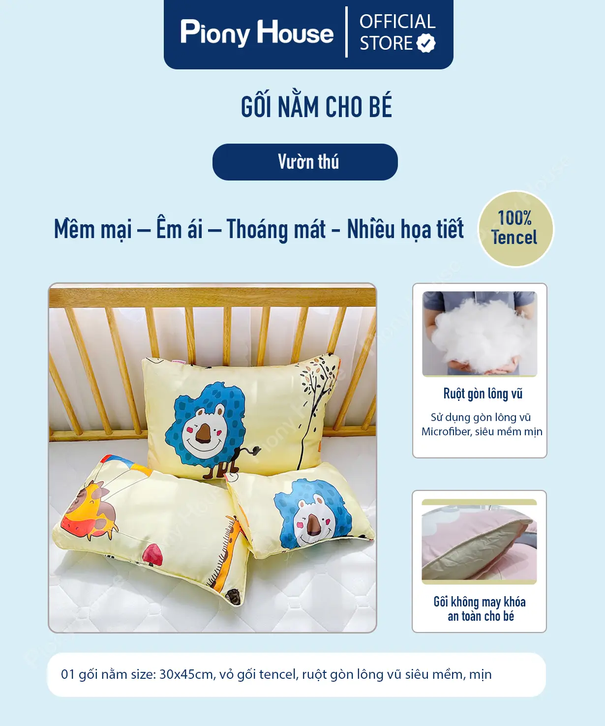 Gối nằm cho bé êm ái vượt trội, vải tencel mềm mát ruột gòn lông vũ nhiều họa tiết