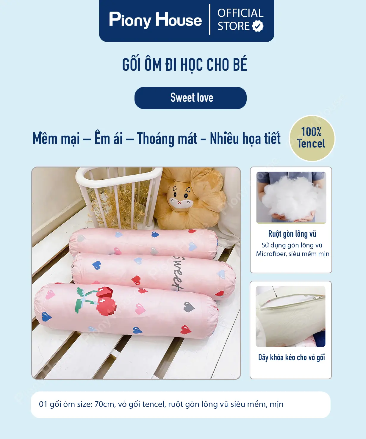 Gối ôm trẻ em vải Tencel ruột gòn lông vũ nhân tạo mềm mịn mát, siêu êm nhiều họa tiết