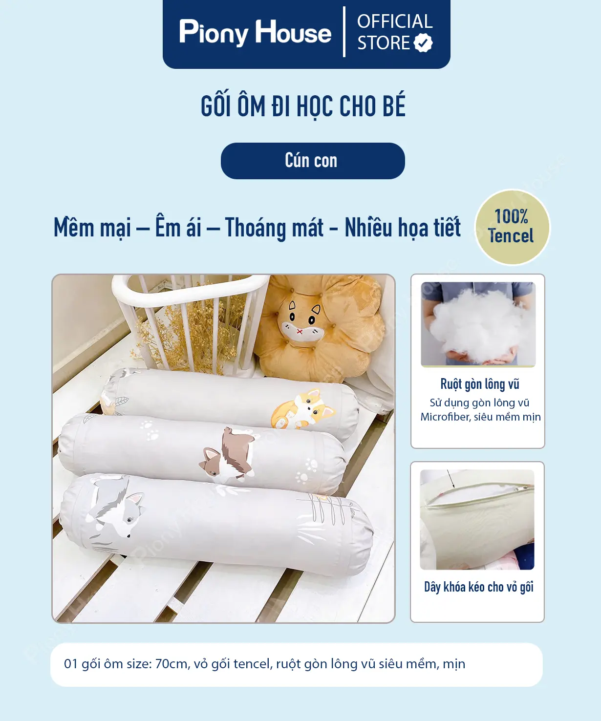 Gối ôm trẻ em vải Tencel ruột gòn lông vũ nhân tạo mềm mịn mát, siêu êm nhiều họa tiết