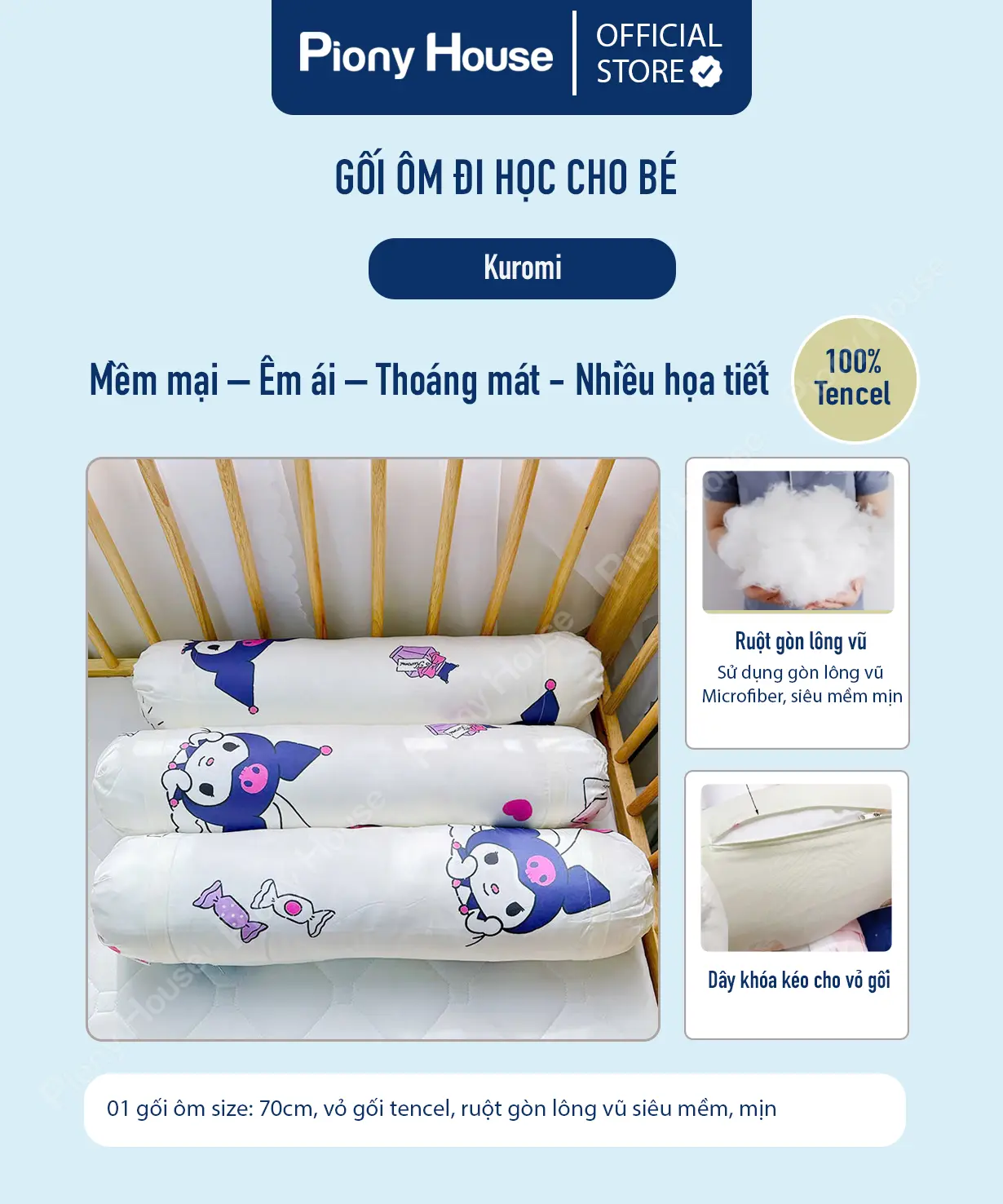 Gối ôm trẻ em vải Tencel ruột gòn lông vũ nhân tạo mềm mịn mát, siêu êm nhiều họa tiết