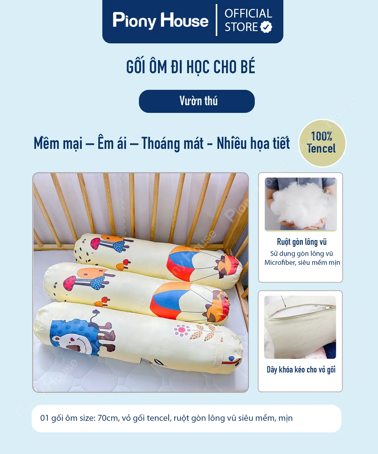 Gối ôm trẻ em vải Tencel ruột gòn lông vũ nhân tạo mềm mịn mát, siêu êm nhiều họa tiết