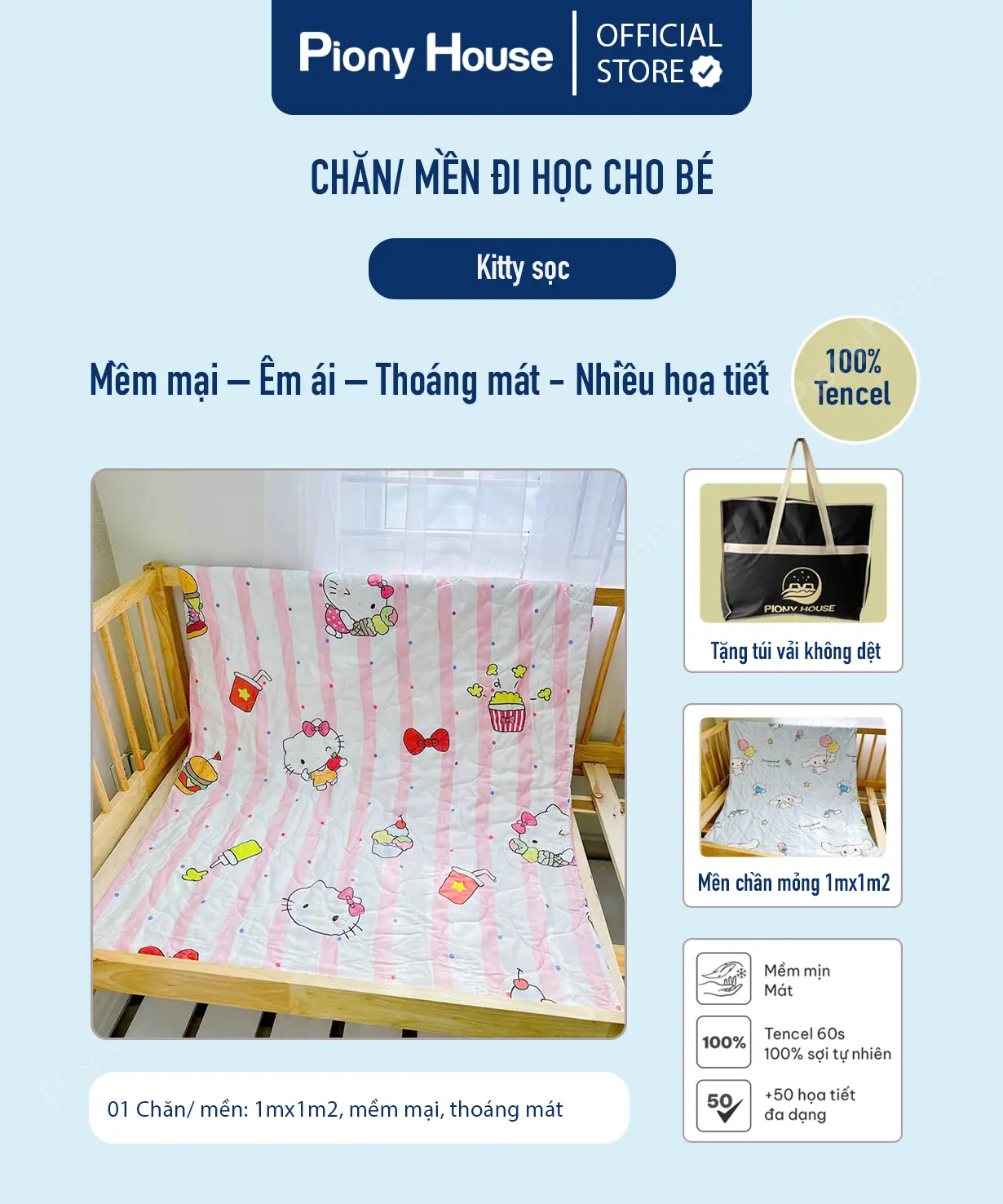 Chăn mền cho bé đi học, chất vải Tencel mềm mại, thoáng mát nhiều họa tiết