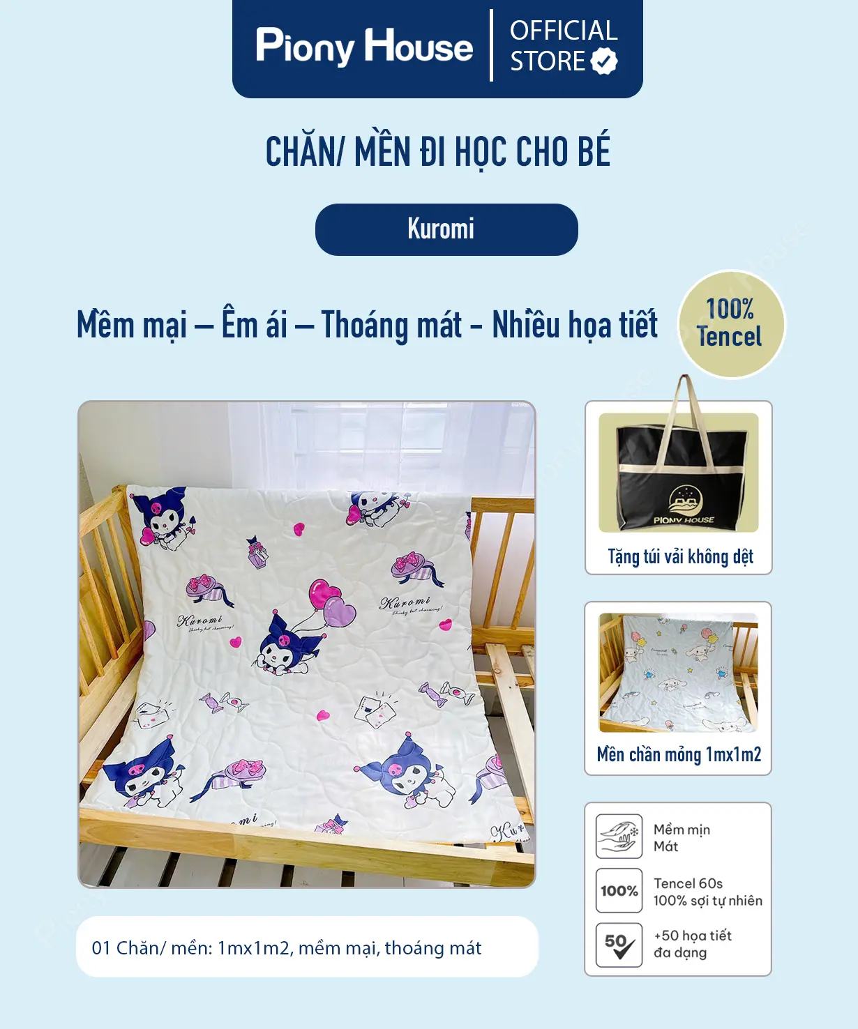 Chăn mền cho bé đi học, chất vải Tencel mềm mại, thoáng mát nhiều họa tiết