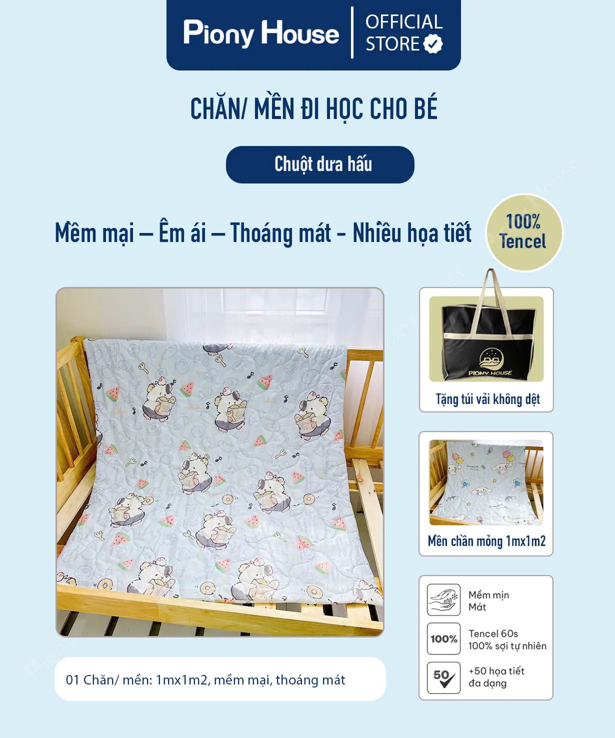 Chăn mền cho bé đi học, chất vải Tencel mềm mại, thoáng mát nhiều họa tiết