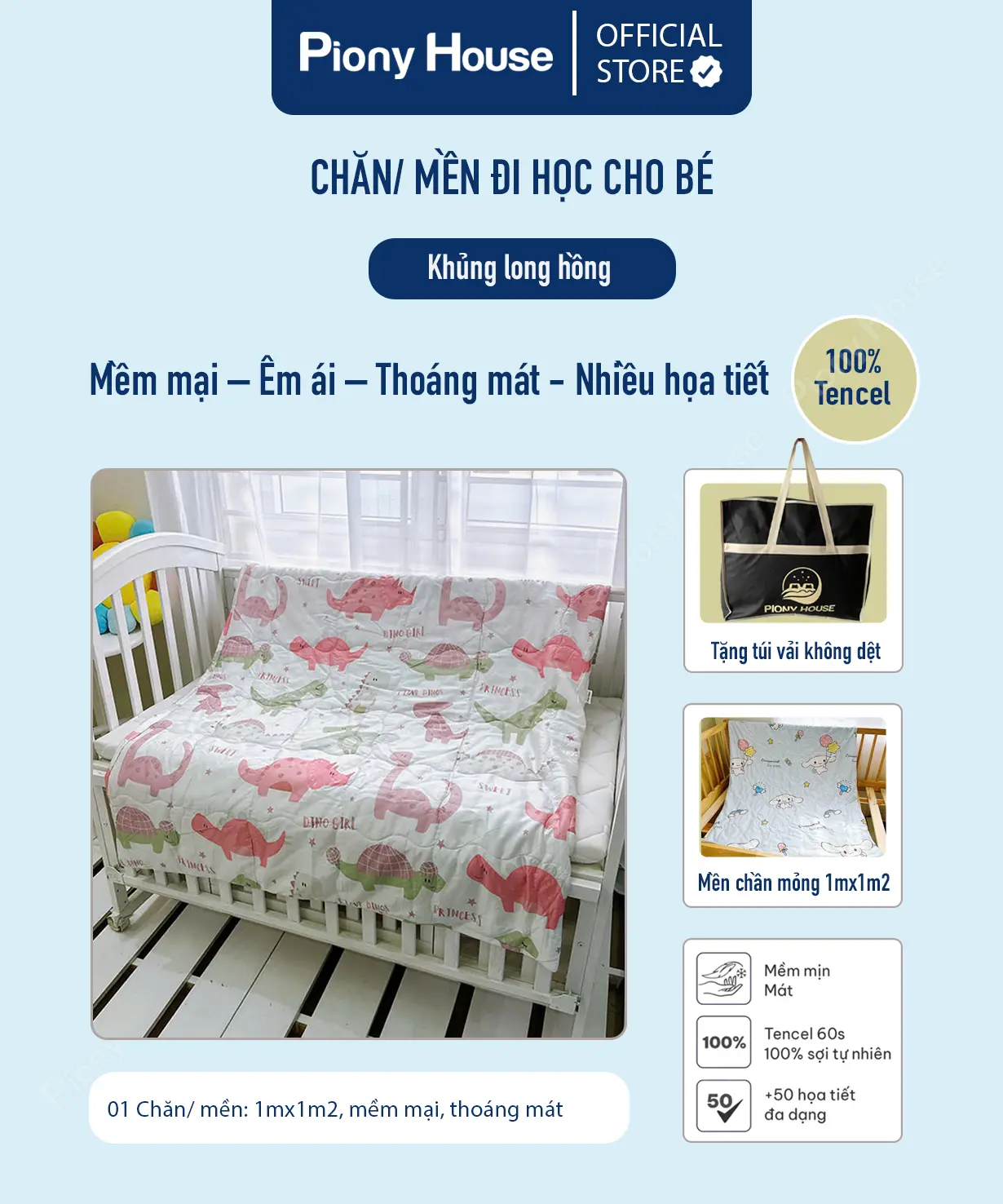 Chăn mền cho bé đi học, chất vải Tencel mềm mại, thoáng mát nhiều họa tiết