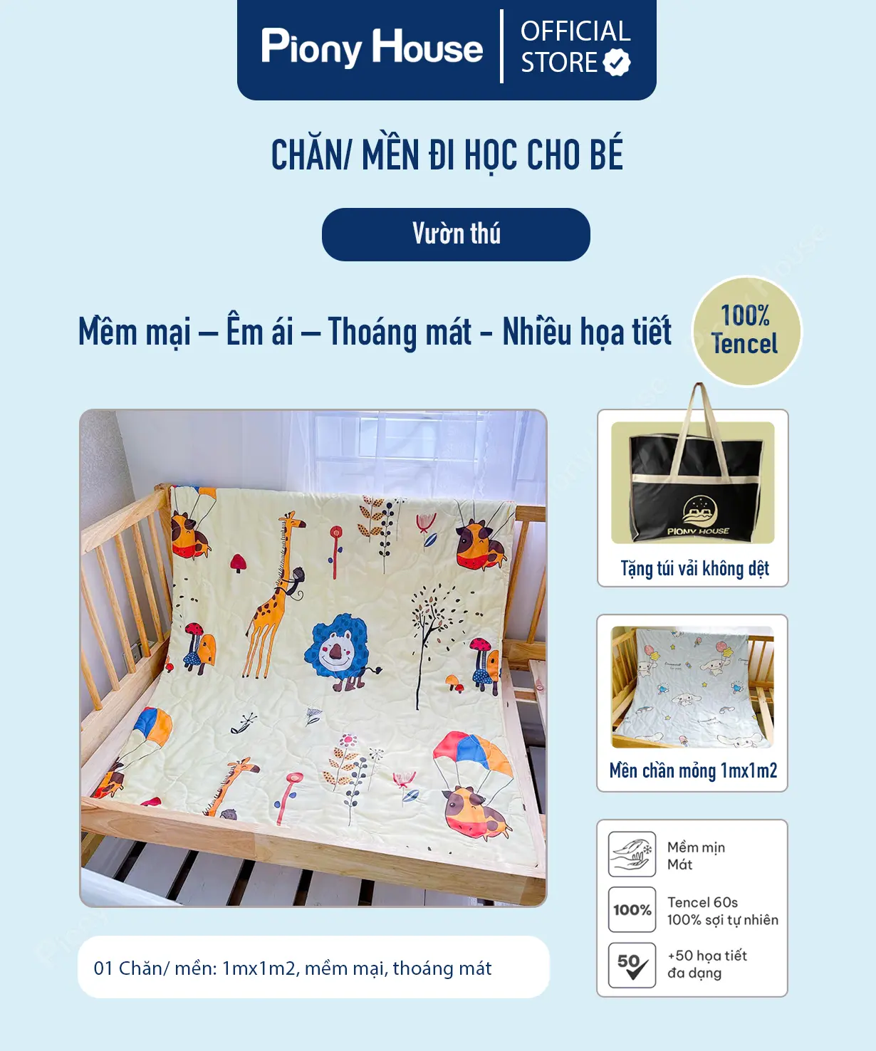 Chăn mền cho bé đi học, chất vải Tencel mềm mại, thoáng mát nhiều họa tiết