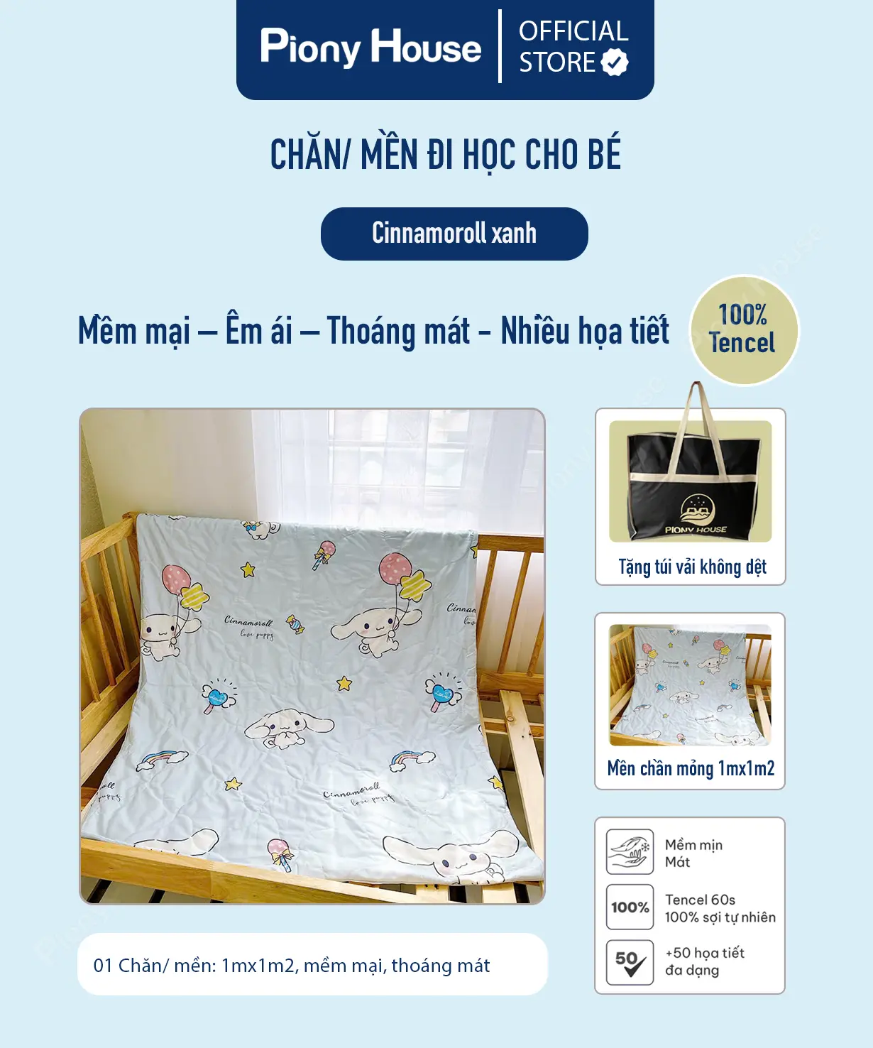 Chăn mền cho bé đi học, chất vải Tencel mềm mại, thoáng mát nhiều họa tiết