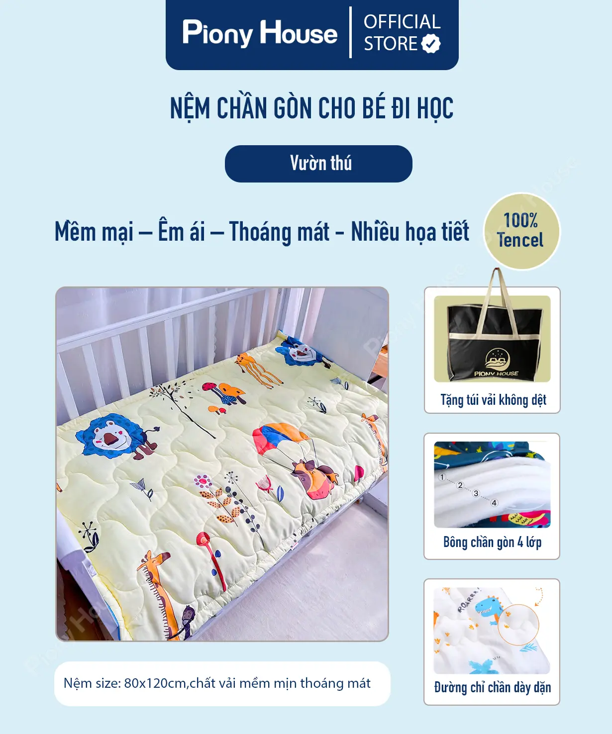 Nệm cho bé đi học mầm non tiểu học, vải Tencel mềm mịn, chống thấm họa tiết vườn thú