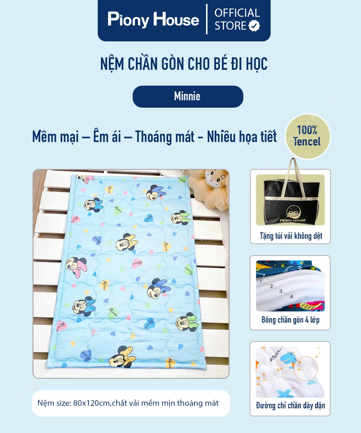 Nệm cho bé đi học mầm non tiểu học, vải Tencel mềm mịn, chống thấm họa tiết minnie