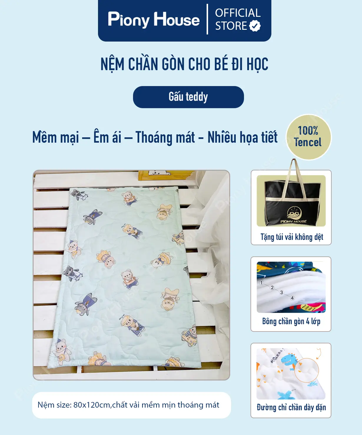 Nệm cho bé đi học mầm non tiểu học, vải Tencel mềm mịn, chống thấm họa tiết gấu teddy