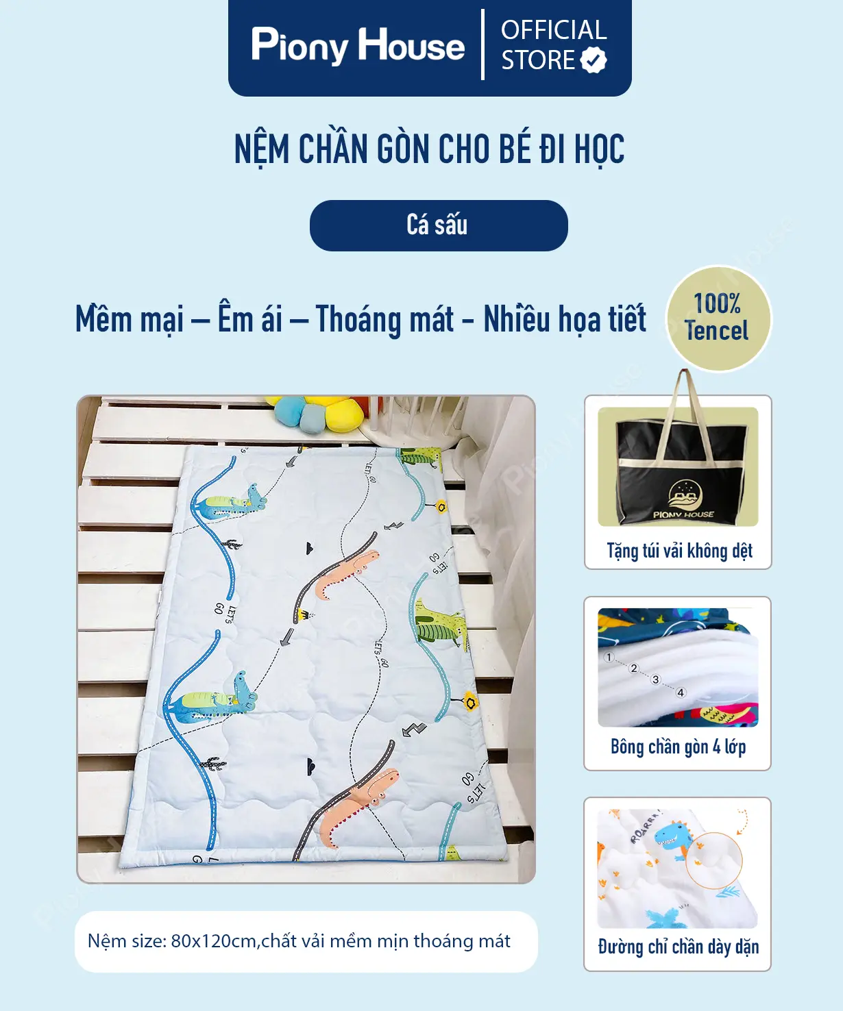 Nệm cho bé đi học mầm non tiểu học, vải Tencel mềm mịn, chống thấm họa tiết cá sấu