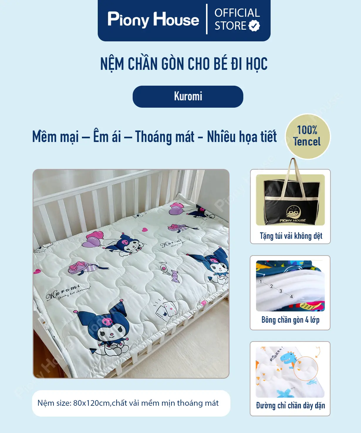 Nệm cho bé đi học mầm non tiểu học, vải Tencel mềm mịn, chống thấm họa tiết kuromi
