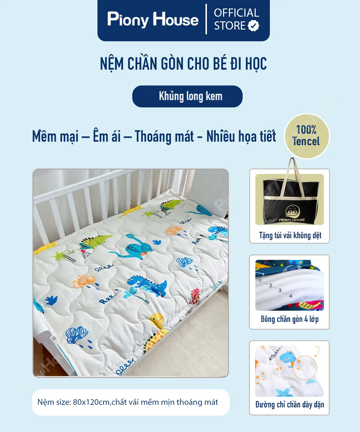 Nệm cho bé đi học mầm non tiểu học, vải Tencel mềm mịn, chống thấm họa tiết khủng long kem