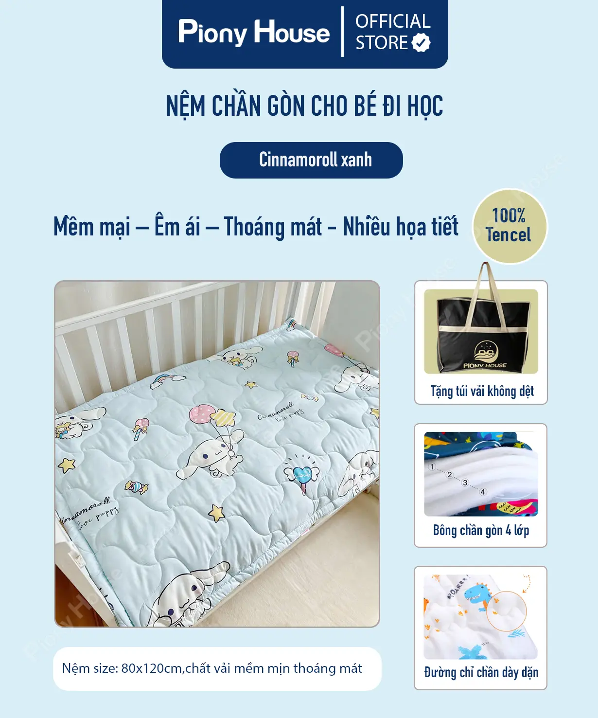Nệm cho bé đi học mầm non tiểu học, vải Tencel mềm mịn, chống thấm họa tiết cinnamoroll xanh