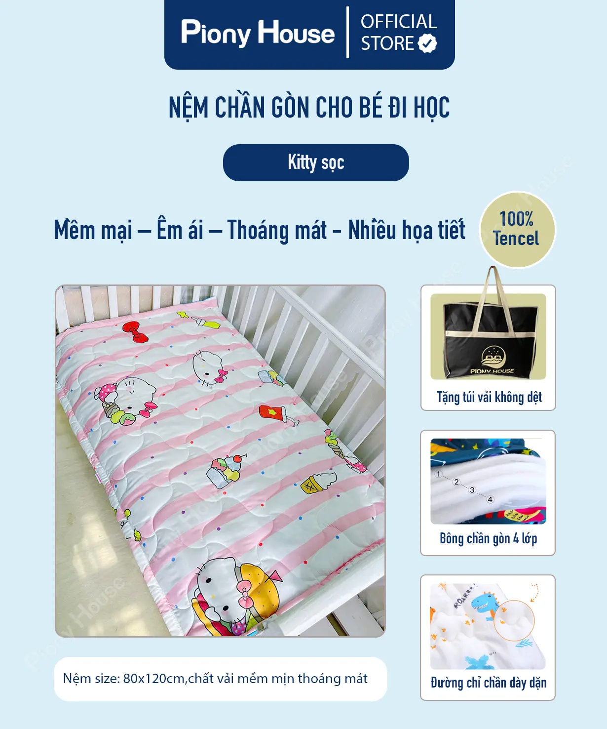 Nệm cho bé đi học mầm non tiểu học, vải Tencel mềm mịn, chống thấm nhiều họa tiết